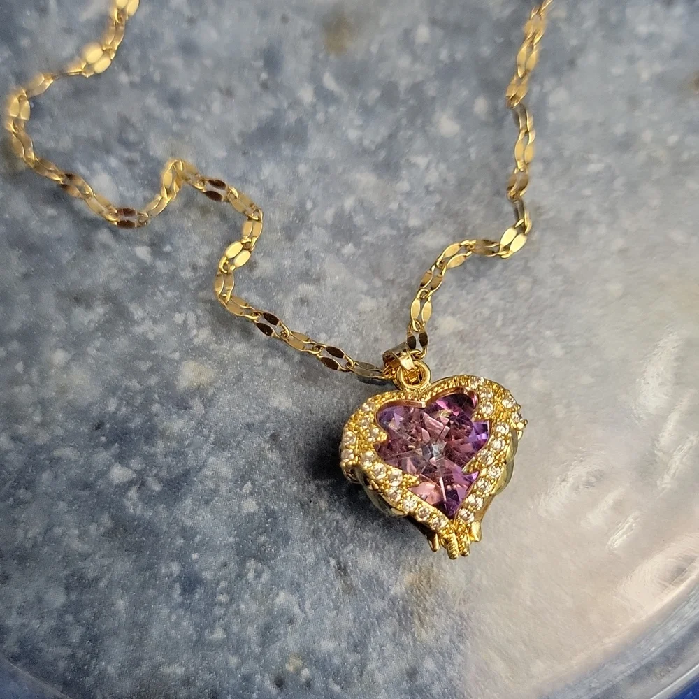 Heart Shape Pendant Necklace Simulated Amethyst & Crystals 15-17 Inches  NEW - Picture 6 of 12